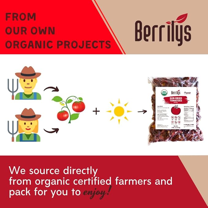 Berrilys Organic Sun-Dried Tomatoes Salted No Sulfur No Preservatives Kosher Raw Non-GMO Great Ingredient for Baking and Cooking Requires Pre-treatment or Cooking Before Consumption 5 LB