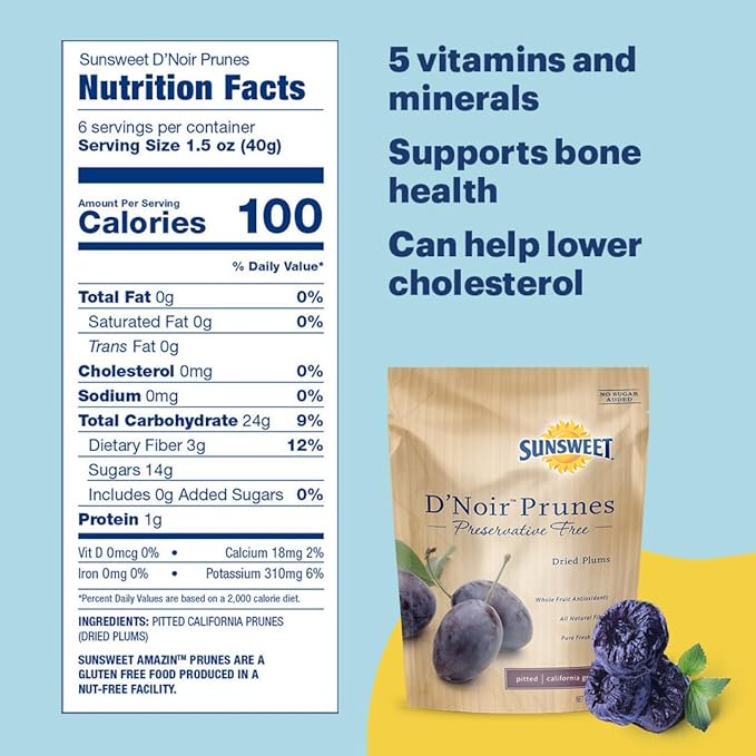 Sunsweet D'Noir Preservative Free Prunes - Prunes Pitted Unsweetened &amp Dried - Gluten Free Vegan Low Fat - Fiber &amp Minerals - 8 oz Pouch x 3 Pack