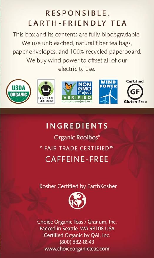 Choice Organic Teas Herbal Tea 3 Boxes of 16 (48 Tea Bags) Rooibos Caffeine Free