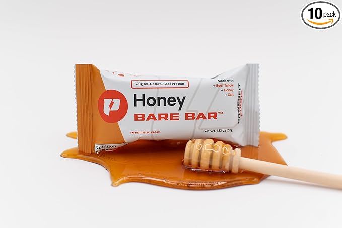 PowerFit Foods Bare Bar 10-Pack 20g Grass-Fed Beef Protein Bar Grass-Fed Tallow Honey Clean Ingredients Seed Oil Free (10-Pack Honey)