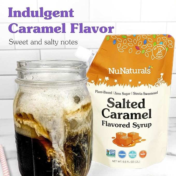NuNaturals Stevia Syrup Sugar-Free Sweetener Plant-Based Sugar Substitute Zero Calorie Salted Caramel 6.6 oz (3-Pack)