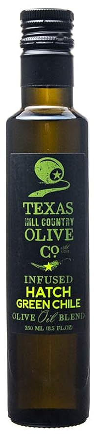 Texas Hill Country Olive Co Hatch Green Chile Infused Olive Oil - Cold Pressed Gourmet EVOO Olive Oil - Great for Dressing Dipping Marinade - No Artificial Flavors or Added Sugar - Made in Texas (8.5