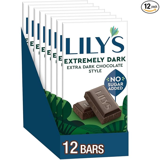 LILY'S Extremely Dark Extra Dark Chocolate Style No Sugar Added Sweets Bars 2.8 oz (12 Count)