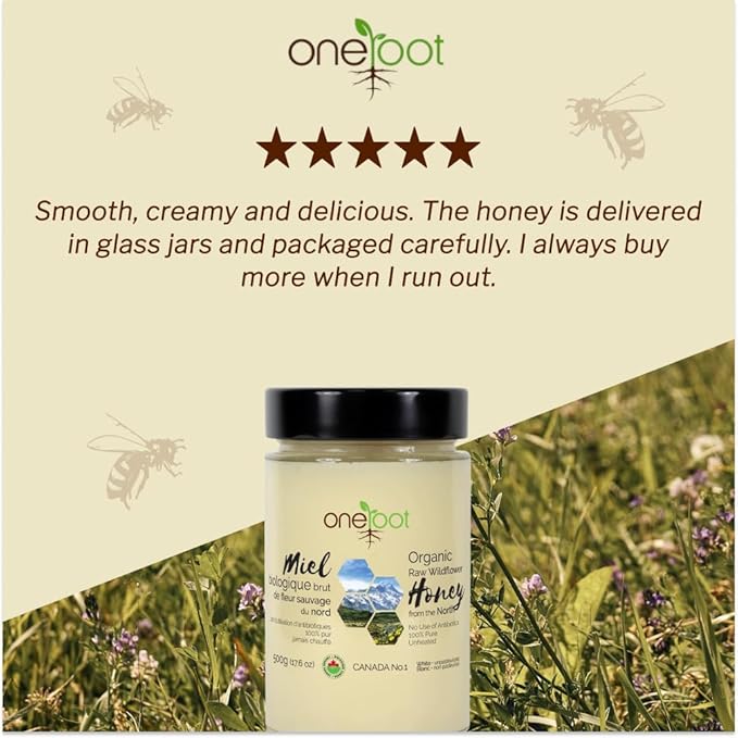 Oneroot 100% Organic Canadian Wildflower Honey - 17.6 Oz/1.1 Lbs Unheated &amp Creamed - Nutrient-Rich Natural Sweetener with Enzymes - Thick &amp Pure Raw Unfiltered Honey