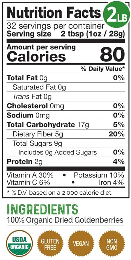 HerbaZest Goldenberries Dried Organic (32oz) – USDA Certified Organic – Vegan Non-GMO &amp Gluten Free – Deliciously Exotic Perfect for Snacks Baked Goods Yogurt Cereal &amp Smoothies