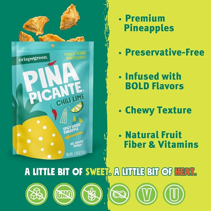 Crispy Green Pina Picante Dehydrated Pineapple Healthy Snacks Chili Lime 12 Single Serve Bags