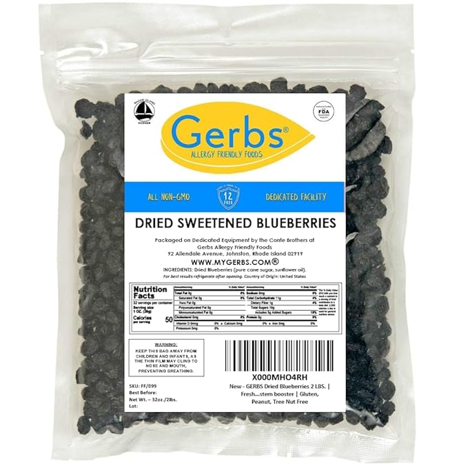 Gerbs Dried Sweetened Blueberries 2 lbs. | Unsulfured No Artificial Additives Resealable Bag | Naturally Sweet &amp Tart | Top 14 Allergen-Free