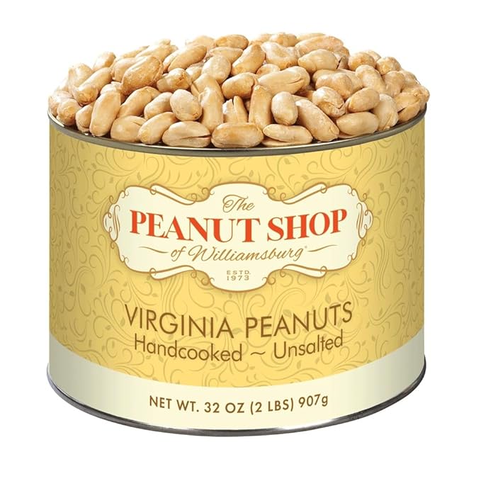 The Peanut Shop of Williamsburg Unsalted Virginia Peanuts Non-Gmo Handcooked Salt-Free Williamsburg Peanuts Gluten-Free - 32 Oz Tin