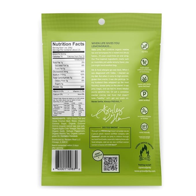 Grass Fed Beef Jerky Variety Pack by PREVAIL - Low Sodium and Gluten Free! | Umami Spicy Lemongrass and Original - Pack of (4) Bags | | Our Gourmet Jerky is Paleo Certified Soy Free Preservative