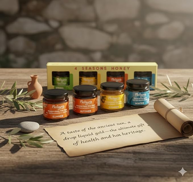 Meligyris Greek Honey Gift Set 4 Varieties Pack with Mountain Honey Pine Thyme Forest Honey Heath Organic Honey
