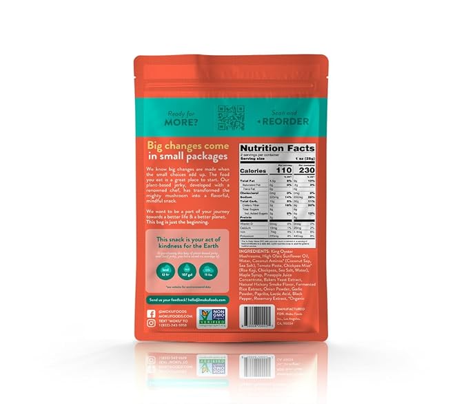 Moku Plant-Based Mushroom Jerky Vegan Gluten Free Soy-Free Non-Gmo No Artificial Sweetener Healthy Snacks 2.0 Oz Ea (8 Count Variety)