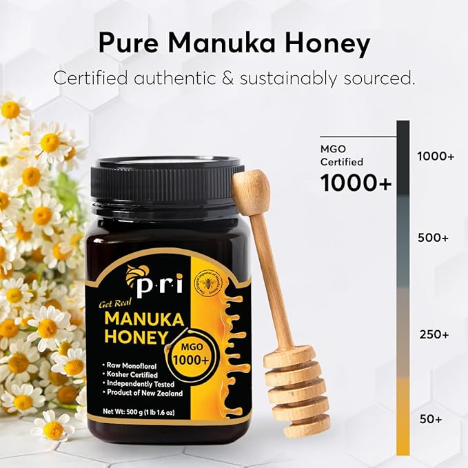 P.R.I Manuka Honey MGO 1000+ Ultra‑Potent Monofloral New Zealand Honey Rare Limited‑Harvest Cool‑Processed &amp QR‑Traceable (500g/1.1lb)