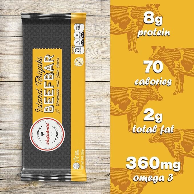 Aufschnitt Beef Bars - High Protein Snack with Grass Fed Beef - Kosher and Keto Friendly - Island Teriyaki Flavor with Pineapple and Chia Seeds 24 Count