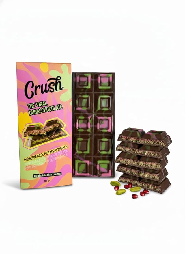 Crush Dubai Pistachio Pomegranate Chocolate Bar – 7 oz Luxury Gift Filled with Toasted Katafi Pomegranate Cream &amp Tahini Inspired by the Classic Knafeh Dessert