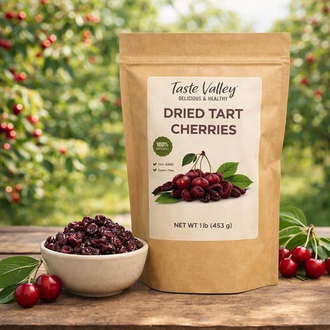 Taste Valley Dried Tart Cherries - 100% Natural Non-GMO Gluten Free - No Artificial Preservatives - Premium Montmorency Cherries for Snacking Baking &amp Cooking - 1 lb (453g)