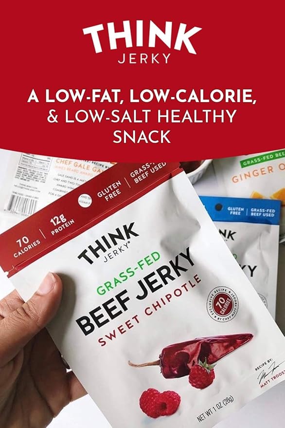 Think Jerky Sweet Chipotle Beef Jerky Grass-Fed High Protein Beef Gluten Free No Antibiotics or Nitrates Healthy Chef Crafted Recipe Low Calorie and Low Fat - 1.0 oz Bags 8 Pack