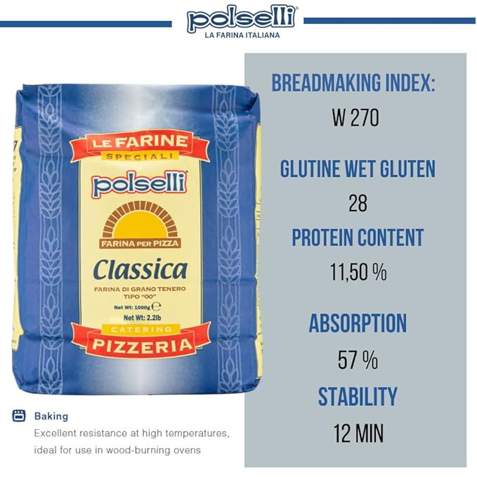 POLSELLI Classica Tipo 00 Double Zero Flour Extra Fine 11 lbs (5 kg) Neapolitan Italian Pizza Bread Pasta and more All Natural Unbleached Unbromated No Additives