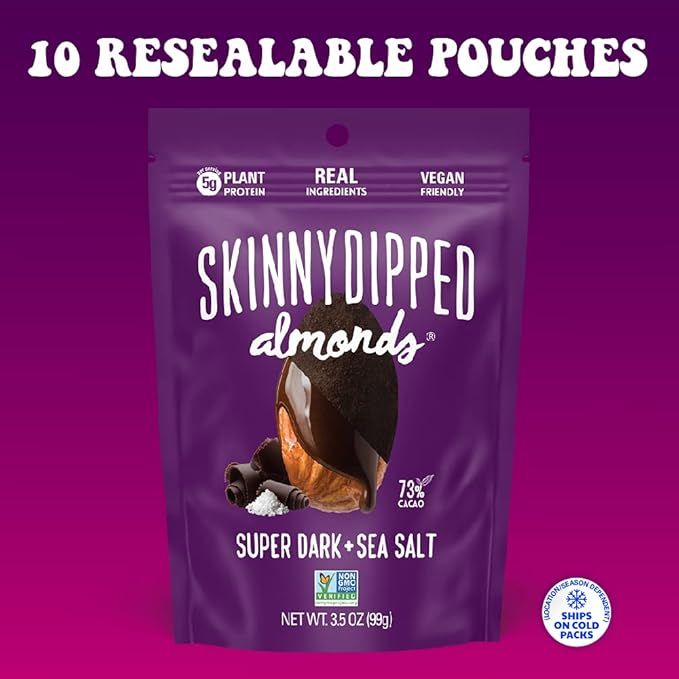 SkinnyDipped Super Dark Chocolate + Sea Salt Almonds Vegan Healthy Snack Plant Protein Gluten Free 3.5 oz Resealable Bags Pack of 10