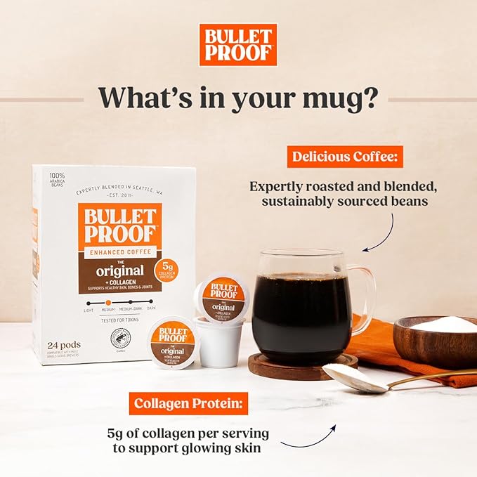 Bulletproof Coffee + Collagen Single-Serve Coffee Pods 24 Count Clean Coffee Tested for Toxins