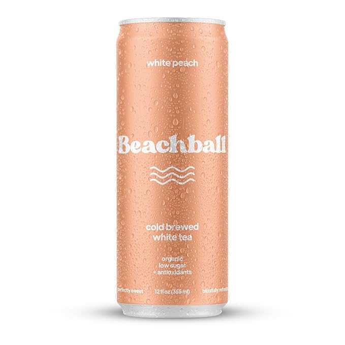 Beachball Organic Iced Tea White Peach Cold Brewed White Tea Low Sugar 12 pack (12oz can) antioxidants immune support electrolytes vitamin c