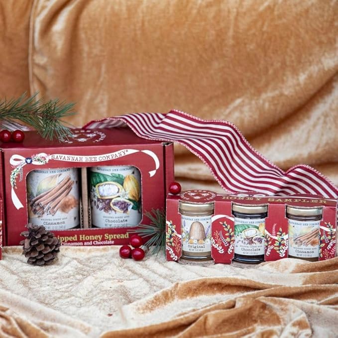 Savannah Bee Company Holiday Whipped Honey Sampler - Trio Honey Sample Set with Chocolate Cinnamon and Original