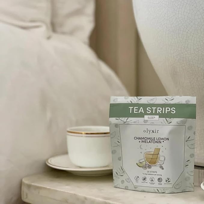 Olyxir Tea Strips - Chamomile &amp Melatonin Flavors - Instant Organic Paleo Vegan Made With Pullulan Cellulose Oat Fiber Natural Lemon Flavor Non-GMO | 25 Ct (Sleep)