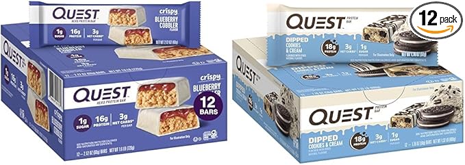 Quest Nutrition Crispy Blueberry Cobbler &amp Dipped Chocolate Cookies &amp Cream Protein Bars 16-18g Protein 1-3g Sugar 3-6g Fiber Gluten Free Keto Friendly 12 Count