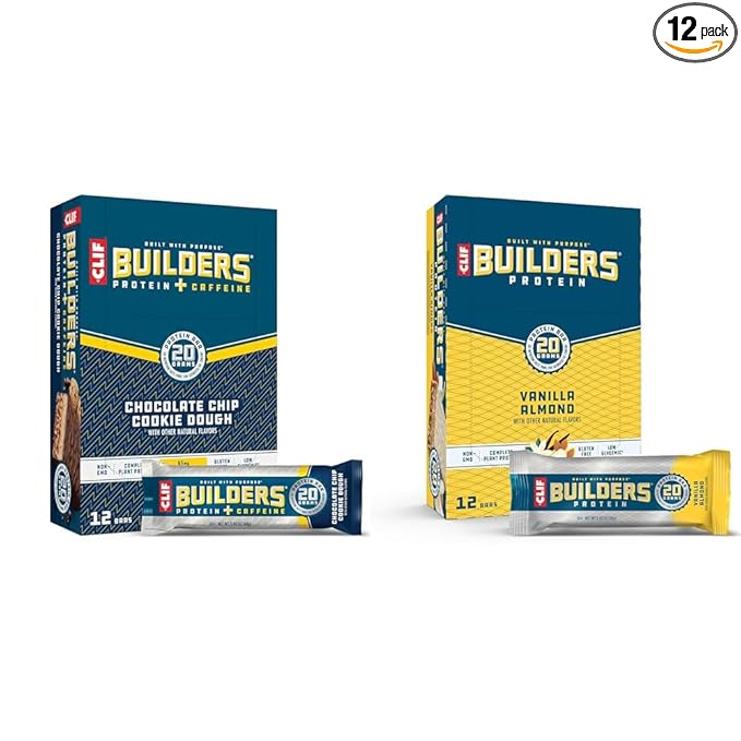 CLIFF Builders Protein Bars Bundle - Chocolate Chip Cookie Dough &amp Vanilla Almond Flavors - 20g Protein - Gluten-Free - 12 Count