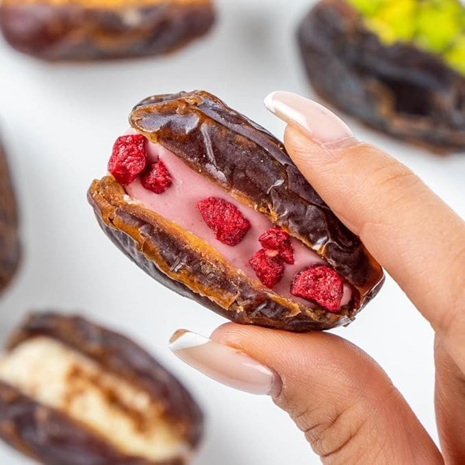 OMNIYA Delicacy Exquisite Medjool Dates 24 PCs Collection - Pistachio Strawberry Cinnamon Praline Lotus Ashta Cream - Essential Gift for Ramadan Eid Holidays Birthdays &amp Special Occasions