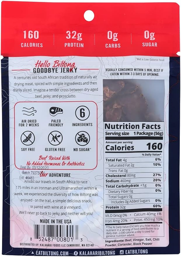 Kalahari Biltong Spicy Peri Peri Air-Dried Sliced Beef - Case of 8-2 Oz