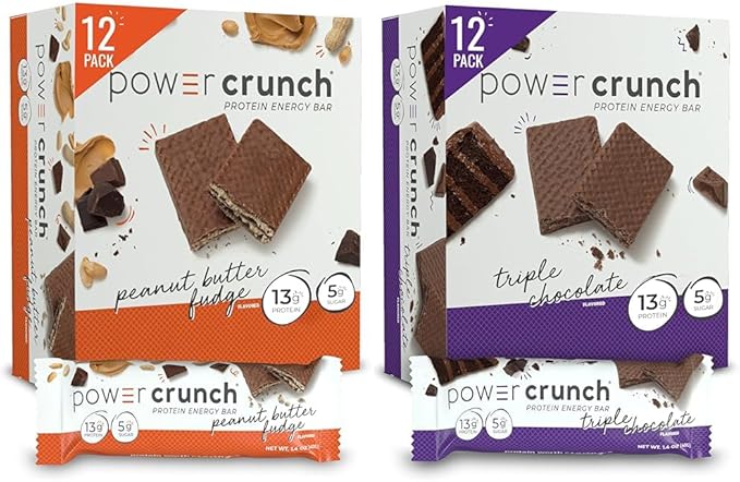 Bundle of Power Crunch Protein Wafer Bars High Protein Snacks with Delicious Taste Peanut Butter Fudge 1.4 Ounce (12 Count) + Triple Chocolate 1.4 Ounce (12 Count)