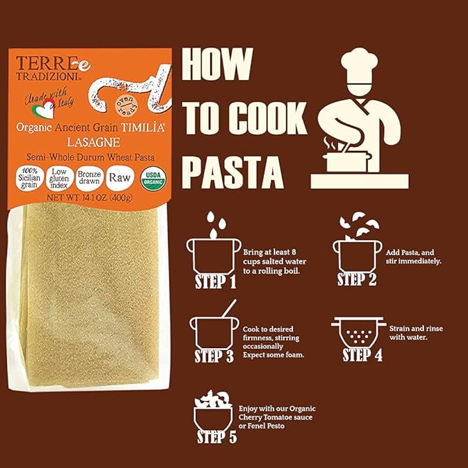 TERRE E TRADIZIONI Organic Italian LASAGNA Pasta Semi- Whole Durum Wheat Semolina Pasta - Italian TIMILIA Organic Ancient Grain LASAGNA Pasta - Vegan Pasta Imported from Italy (3 Packs)
