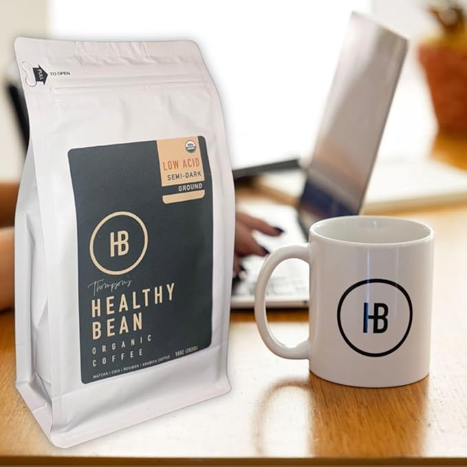 Healthy Bean Organic Low Acid Coffee Ground - USDA Organic Mold-Free Superfood Infused Clean and Healthy - Low Acid for Sensitive Stomachs - Semi-Dark Roast Ground Coffee 10oz (1-Pack)