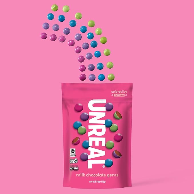 UNREAL Milk Chocolate Gems | Certified Fair Trade Non-GMO | Made with Gluten Free Ingredients and Colors from Nature | No Sugar Alcohols or Soy | 12 Snack Packs