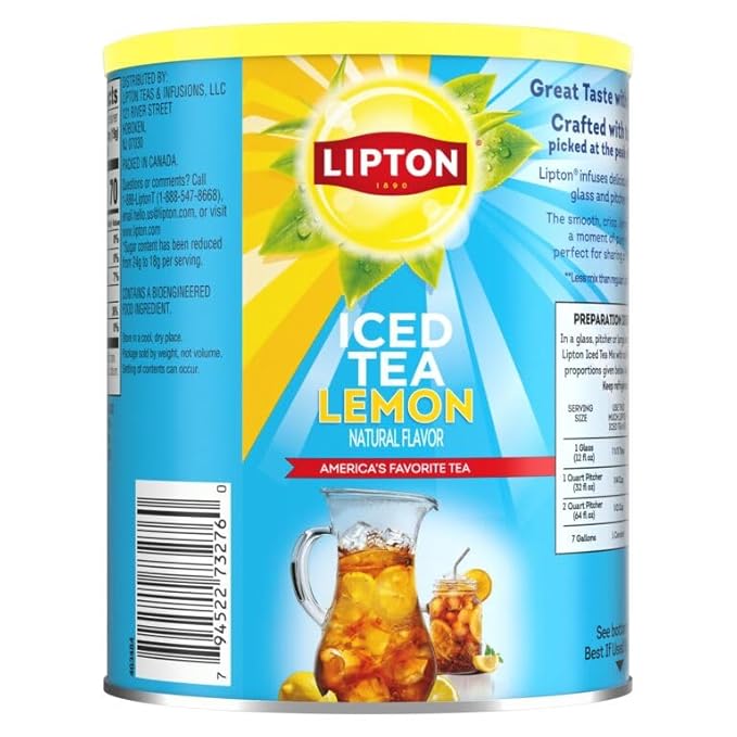 Lipton Lemon Flavor Iced Tea Mix with Reduced Sugar Makes 28 Quarts (Pack of 2)