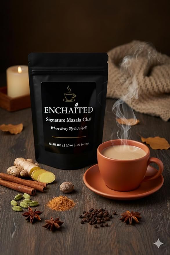 ENCHAITED Authentic Masala Chai Loose Leaf Tea - 100g | Bold Coffee Alternative for Morning Energy | Makes 20-40 Cups | Premium Assam Black Tea with 7 Real Indian Spices | Traditional Masala Chai Blen
