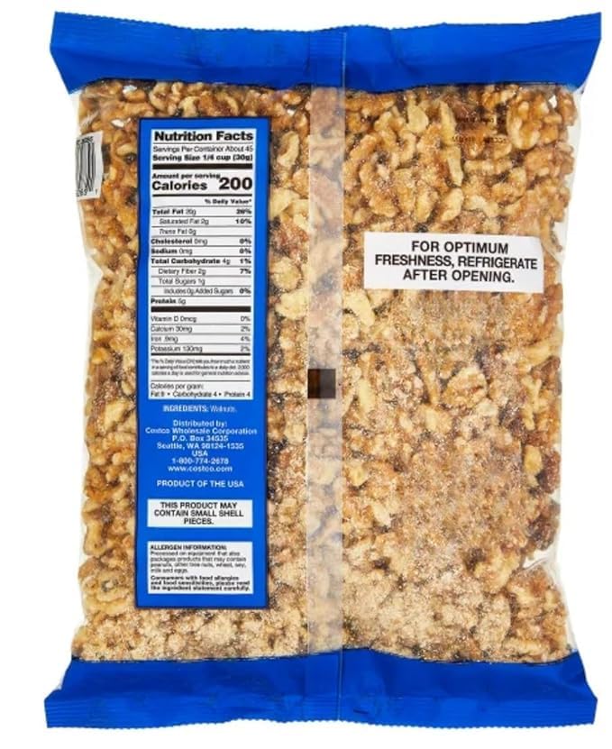 Kirkland Walnut Halves and Pieces – US #1 Grade – 3 lbs (48 oz) Bag – Heart-Healthy Snack and Baking Ingredient – Great for Salads Baked Goods and Cooking