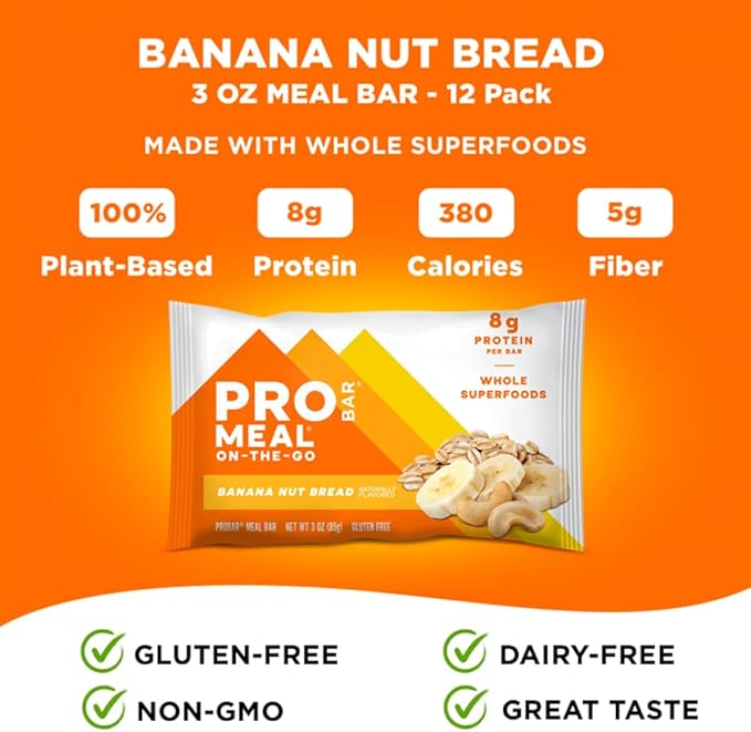 PROBAR - MEAL Bar Banana Nut Bread Non-GMO Gluten-Free Healthy Plant-Based Whole-Food Ingredients Natural Energy (12 Count)