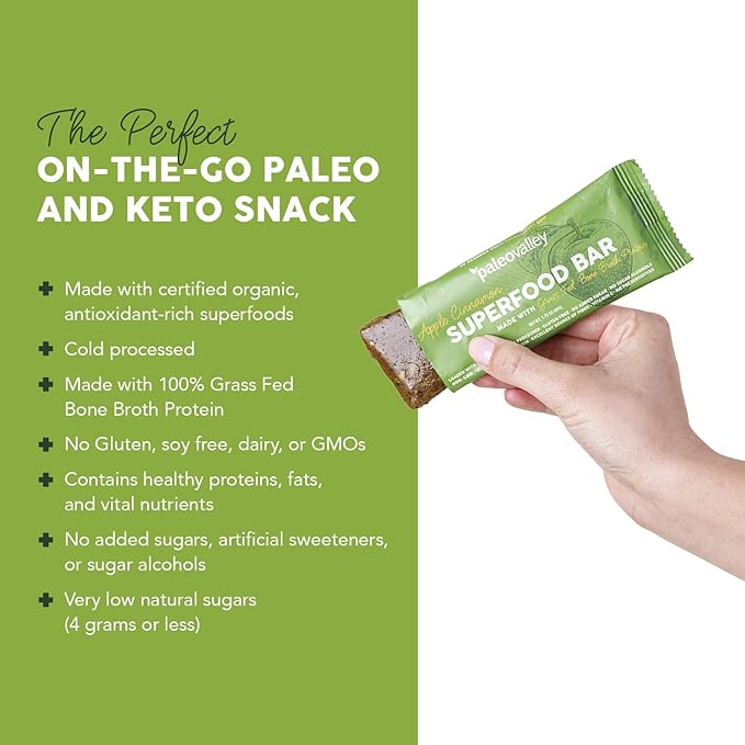 Paleovalley Superfood Bars – Apple Cinnamon– 10 Pack – 9g Protein per Bar – Gluten-Free Grain-Free Paleo Non-GMO – On-the-Go Snack