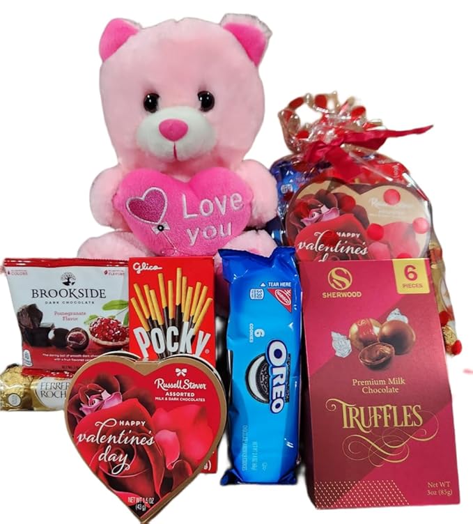 Valentines Day Gift Teddy Bear with Chocolates and Cookies Assortment 10 Inches (pink)