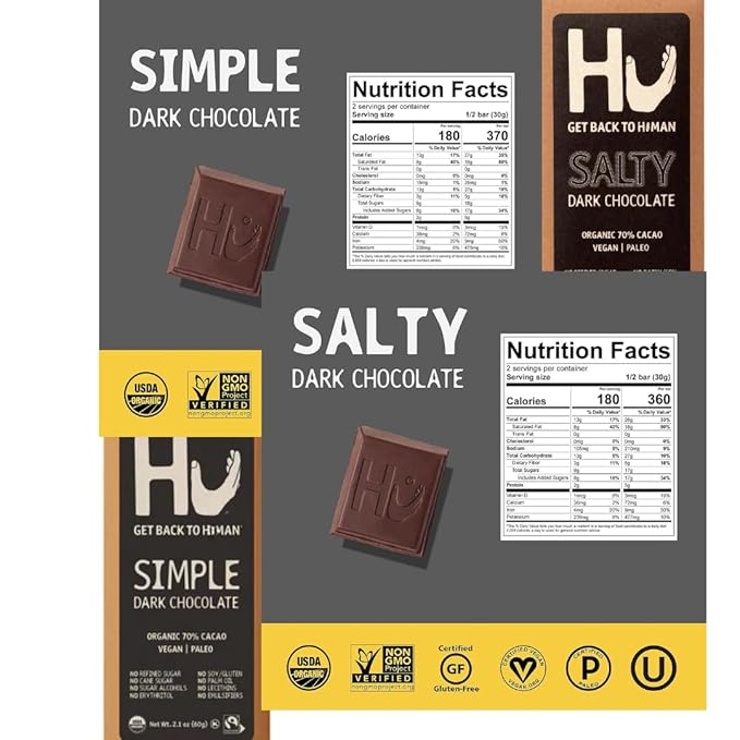HU Dark Chocolate Bars Variety Pack 8 Count – Simple Salty Cashew Buter Raspberry Hazelnut Btr Cashew Bttr &amp Vanilla Bean Almond Butter &amp Puffed Quinoa Vanilla Crunch &amp Crunchy Mint
