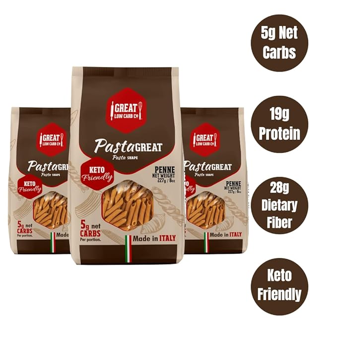 Great Low Carb Co. Keto-Friendly Italian Pasta Set 0-5g Net Carbs High Protein High Fiber Low Carb Low Calories Made in Italy (3 Pack Penne 8oz bag)