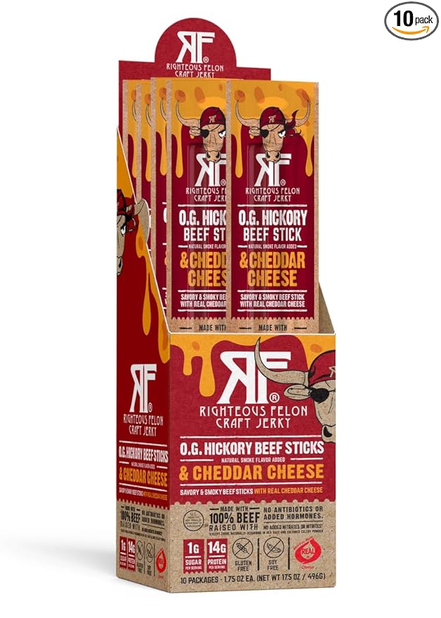 Righteous Felon Craft Jerky O.G. Hickory Beef Sticks &amp Cheddar Cheese Combo 1.75 oz 10-Count Bulk Pack