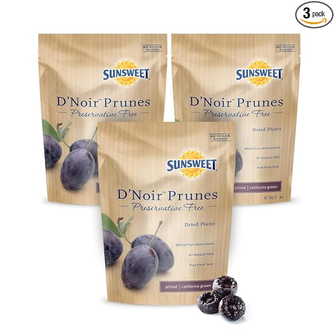 Sunsweet D'Noir Preservative Free Prunes - Prunes Pitted Unsweetened &amp Dried - Gluten Free Vegan Low Fat - Fiber &amp Minerals - 8 oz Pouch x 3 Pack
