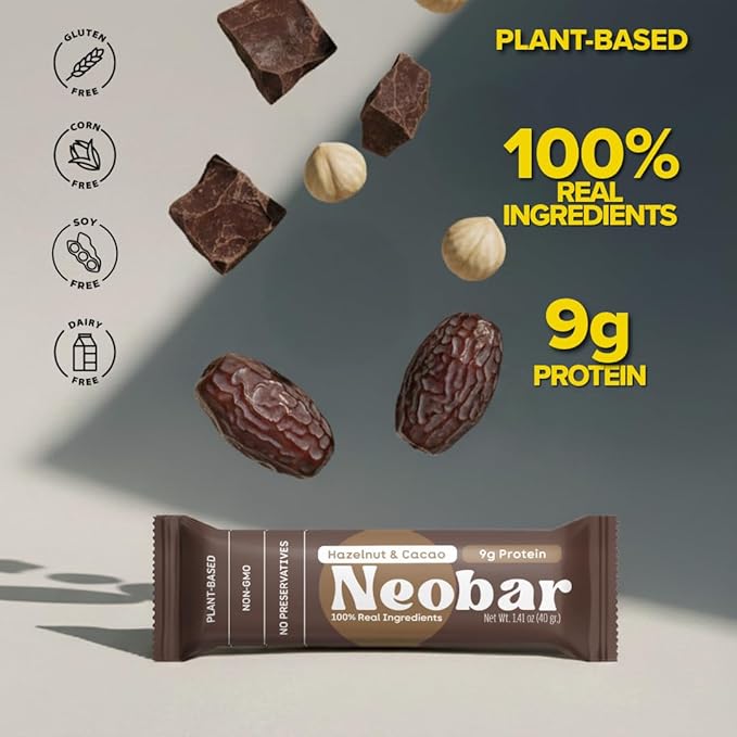 NEOBAR 9g Plant-Based Protein Fruit and Nut Bars - Vegan Snack Bars Gluten Free Dairy Free Snacks No Preservatives No Refined Sugars Added Non-GMO | Hazelnut &amp Cacao 12 Count