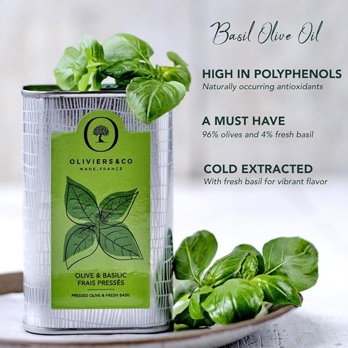 Basil Olive Oil by Oliviers&ampCo. Cold Pressed Extra Virgin Olive Oil with Fresh Basil Gourmet Finishing Oil from Italy for Salads Pasta Dips and Cooking 16.8 fl oz