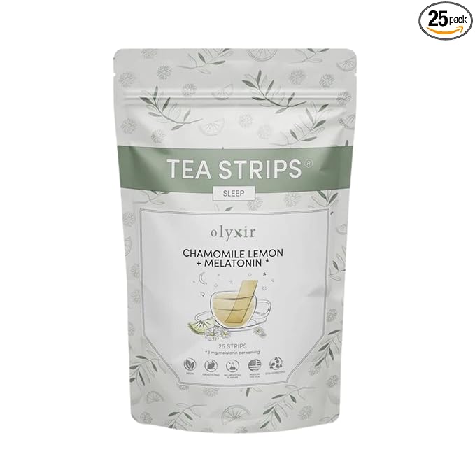 Olyxir Tea Strips - Chamomile &amp Melatonin Flavors - Instant Organic Paleo Vegan Made With Pullulan Cellulose Oat Fiber Natural Lemon Flavor Non-GMO | 25 Ct (Sleep)
