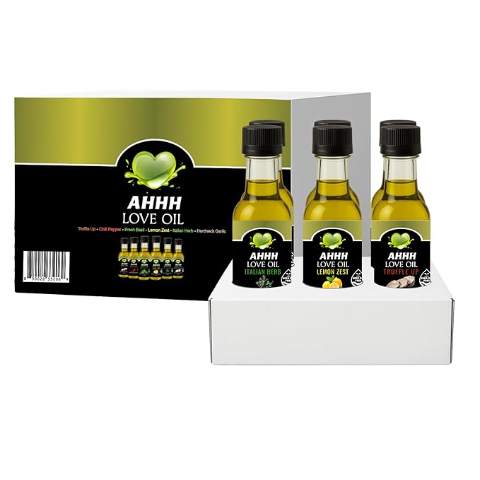 AHHH Love Oil 1.5oz 6-Pack Variety – Premium High Oleic Cooking Oils | Gourmet Infused High Heat Oils | Non-GMO Seed Oil Free Cooking &amp Baking Oils | Includes Chili Pepper Basil Garlic Italian