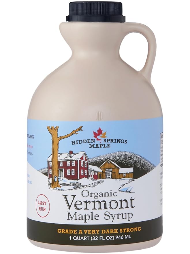 HIDDEN SPRINGS MAPLE 100% Organic Vermont Maple Syrup Grade A Very Dark Robust 32 Ounce 1 Quart Family Farms BPA-free Jug