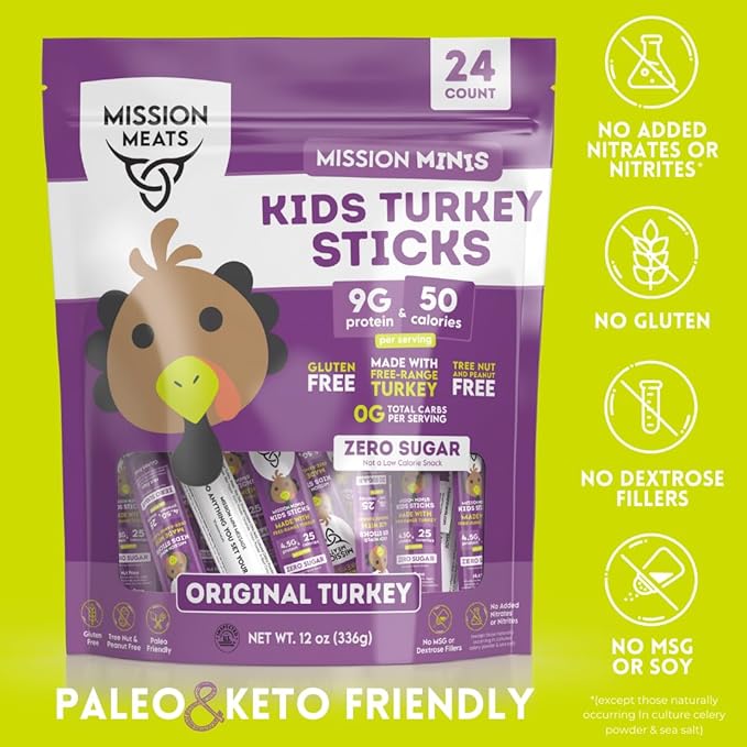 Mission Meats Kids Turkey Sticks 100% Free Range Healthy Snacks for Kids Zero Sugar 9g Protein per Serving Gluten &amp Nut Free Individually Wrapped Mini 0.5oz (24ct Bag)